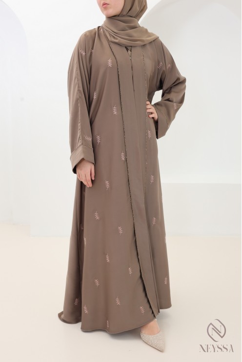 Dubai taupe kimono abaya with leaf embroidery and rhinestones