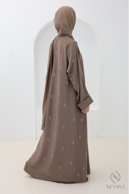 Abaya Dubaï kimono taupe avec broderie feuilles et strass femme hijabi