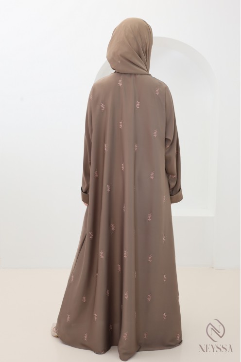 Abaya Dubai Kimono taupe mit Blattstickerei und Strasssteinen