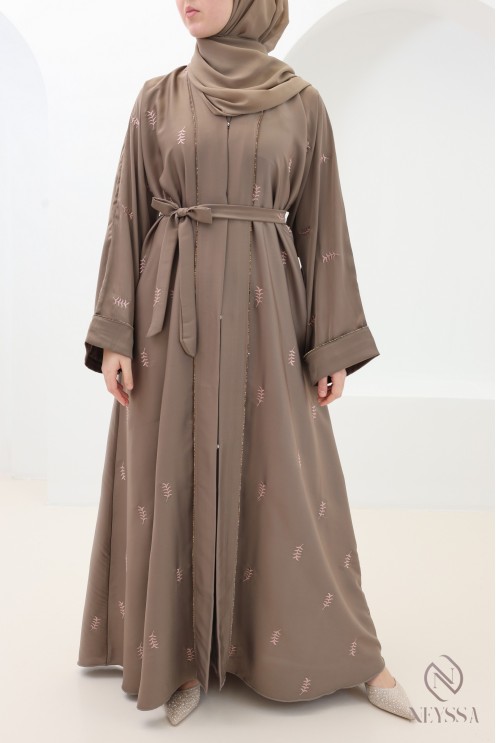 Dubai taupe kimono abaya with leaf embroidery and rhinestones