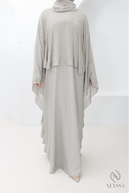 Dubai abaya in greige chiffon with rhinestones, modern hijabi style