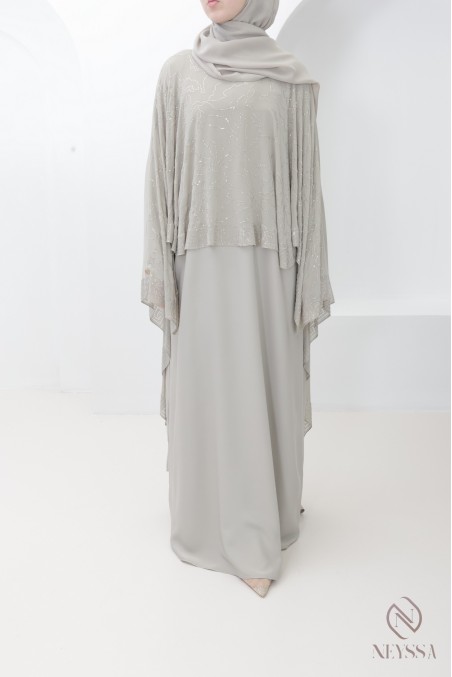 Abaya Dubai Cape aus greigefarbenem Chiffon mit Strasssteinen, Hijabi
