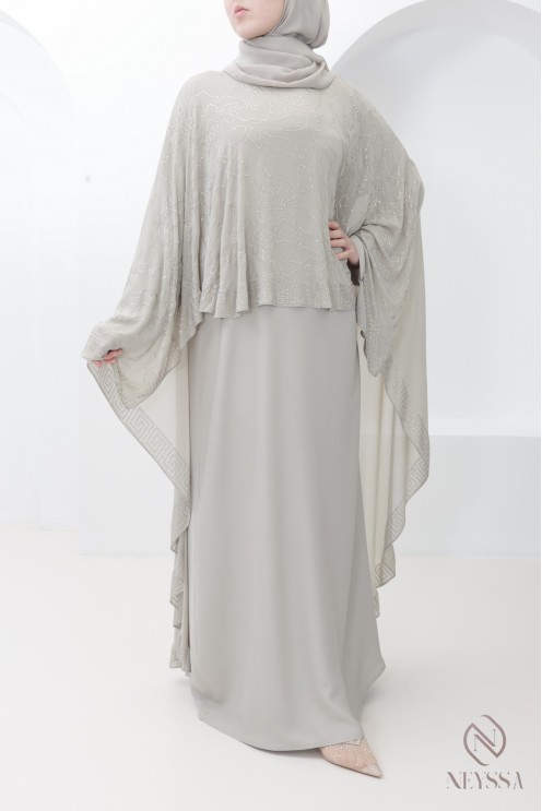 Abaya Dubai Cape aus greigefarbenem Chiffon mit Strasssteinen, Hijabi