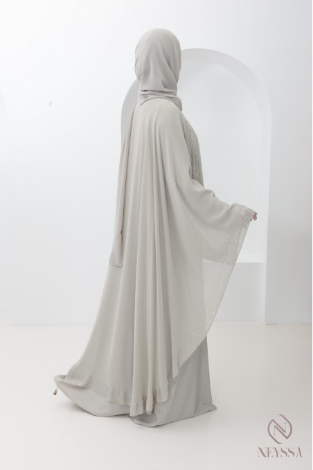 Abaya Dubai Cape aus greigefarbenem Chiffon mit Strasssteinen, Hijabi