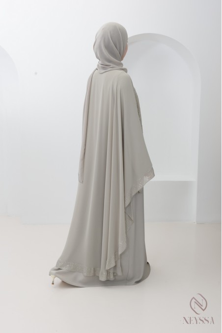 Abaya Dubai Cape aus greigefarbenem Chiffon mit Strasssteinen, Hijabi