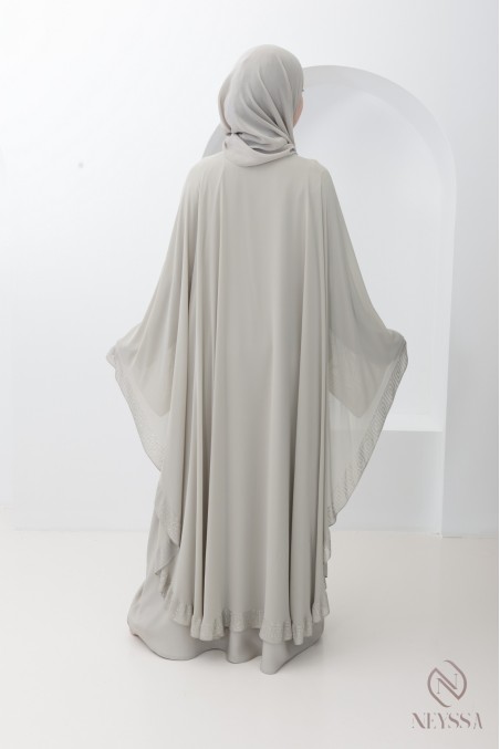 Abaya Dubai Cape aus greigefarbenem Chiffon mit Strasssteinen, Hijabi