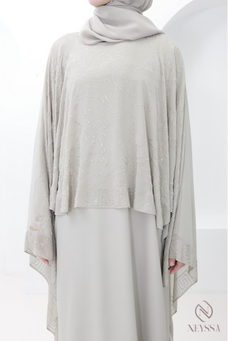 Dubai abaya in greige chiffon with rhinestones, modern hijabi style