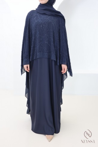 Abaya Dubaï cape en mousseline + strass bleu femme hijabi moderne