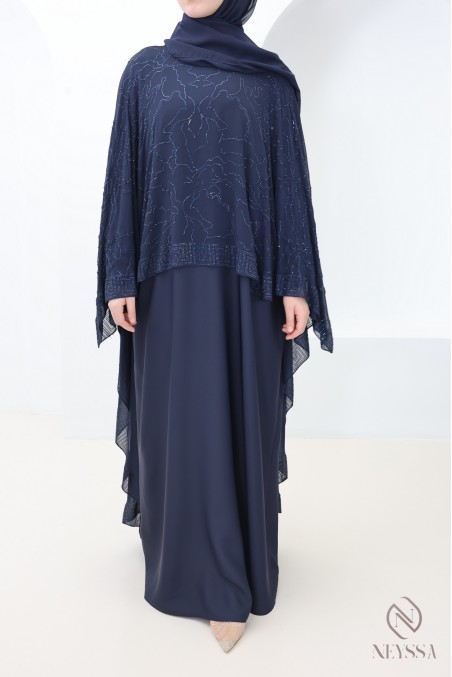 Abaya Dubaï cape en mousseline + strass bleu femme hijabi moderne