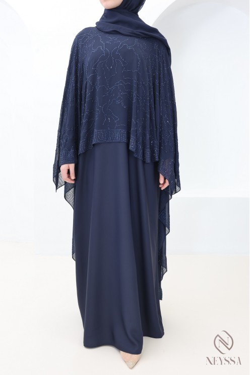 Abaya Dubaï cape en mousseline + strass bleu femme hijabi moderne