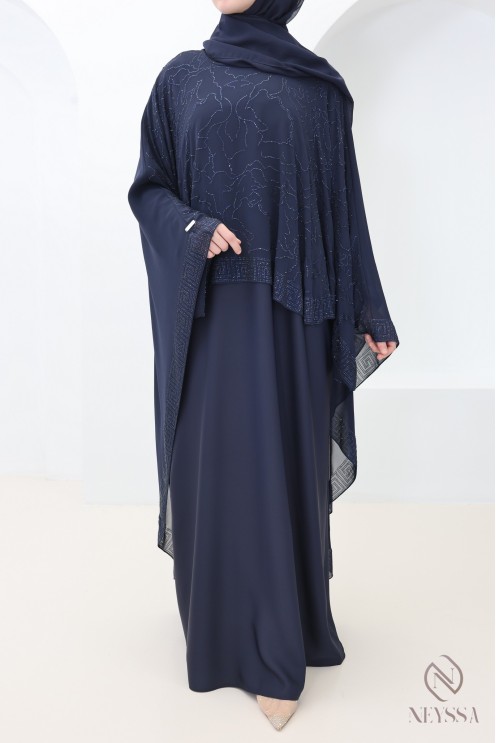 Dubai muslin cape abaya + blue rhinestones for modern hijabi women