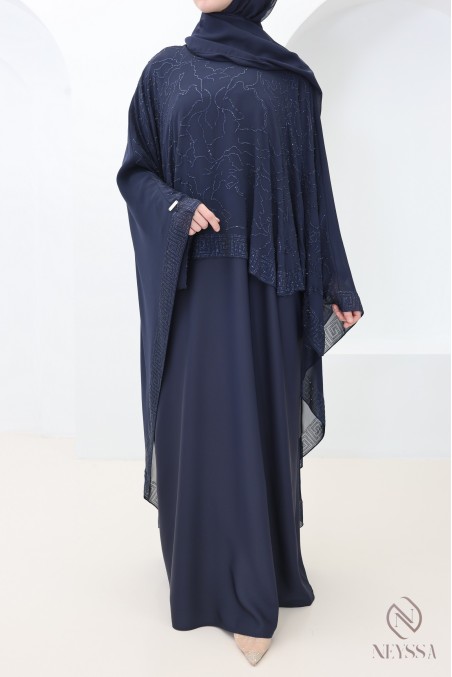Dubai muslin cape abaya + blue rhinestones for modern hijabi women