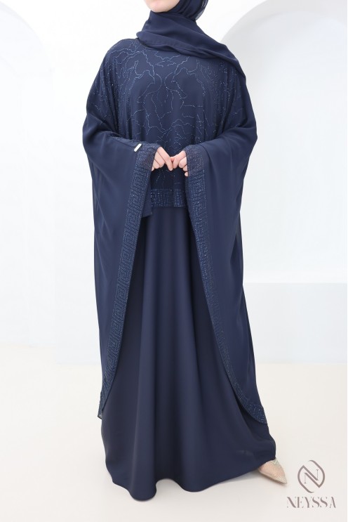 Dubai muslin cape abaya + blue rhinestones for modern hijabi women
