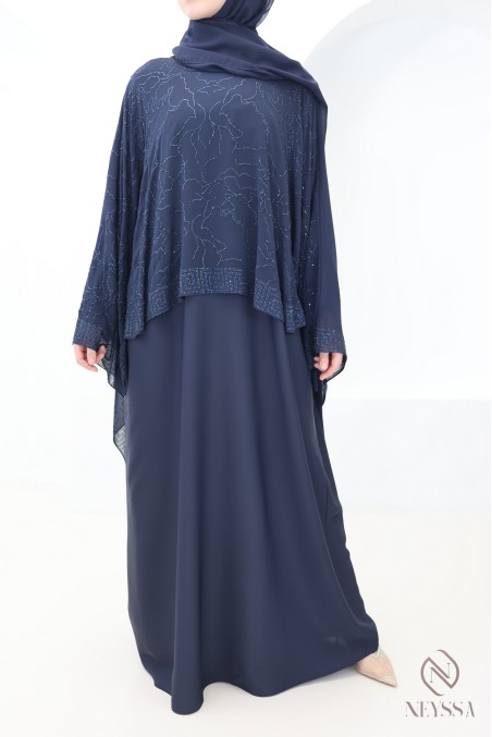 Abaya Dubai Cape aus Chiffon + blaue Strasssteine für moderne Hijabi