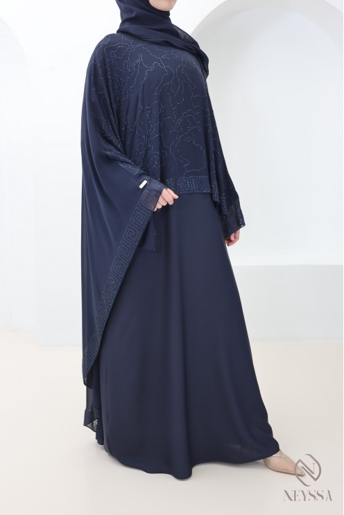 Abaya Dubaï cape en mousseline + strass bleu femme hijabi moderne