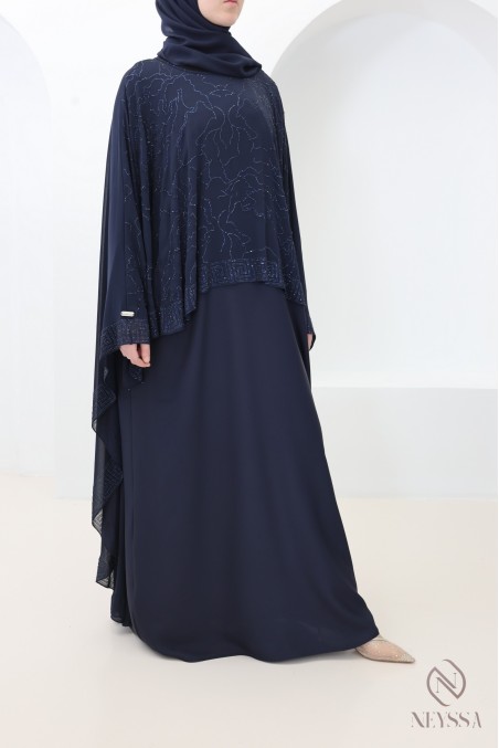 Dubai muslin cape abaya + blue rhinestones for modern hijabi women
