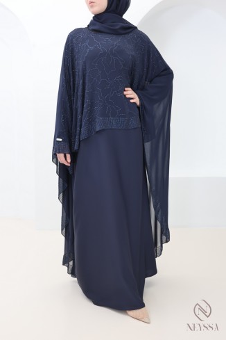 Abaya Dubai Cape aus Chiffon + blaue Strasssteine für moderne Hijabi 2
