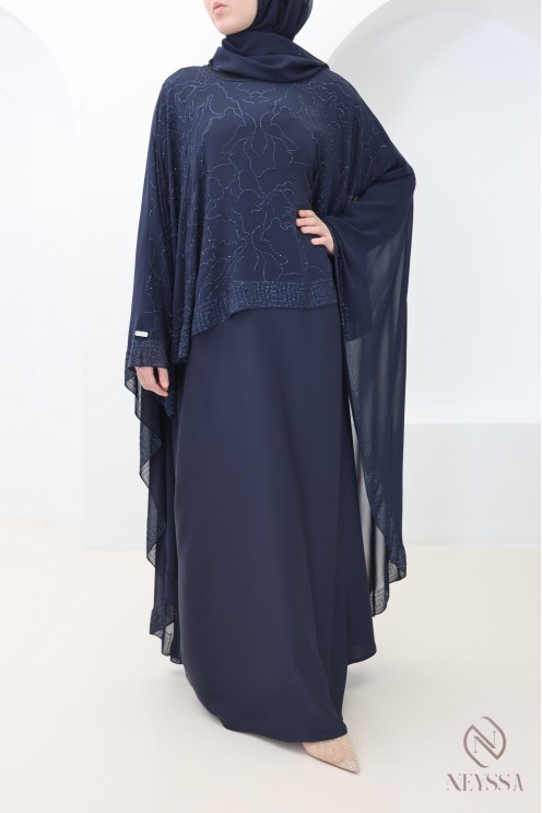 Dubai muslin cape abaya + blue rhinestones for modern hijabi women