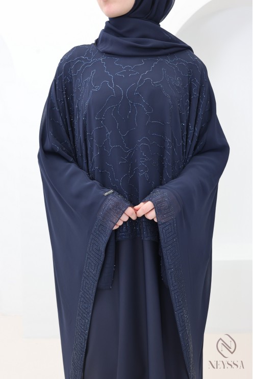 Abaya Dubaï cape en mousseline + strass bleu femme hijabi moderne