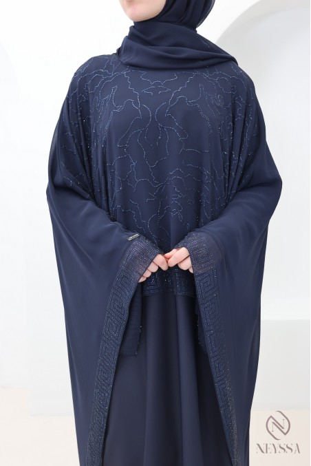 Abaya Dubai Cape aus Chiffon + blaue Strasssteine für moderne Hijabi