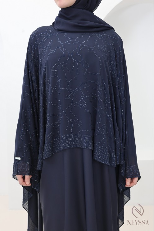 Abaya Dubai Cape aus Chiffon + blaue Strasssteine für moderne Hijabi