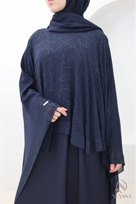 Dubai muslin cape abaya + blue rhinestones for modern hijabi women