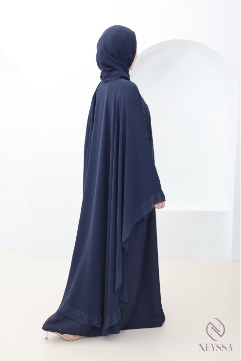 Abaya Dubaï cape en mousseline + strass bleu femme hijabi moderne