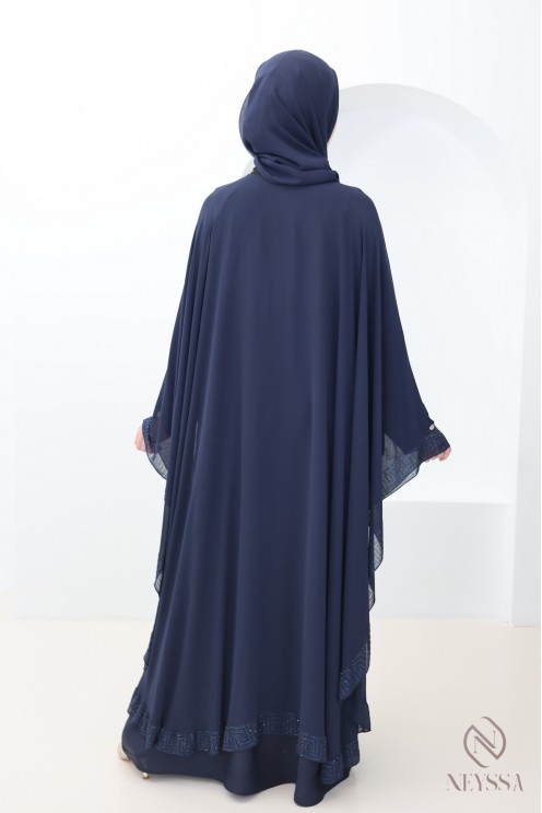Abaya Dubaï cape en mousseline + strass bleu femme hijabi moderne