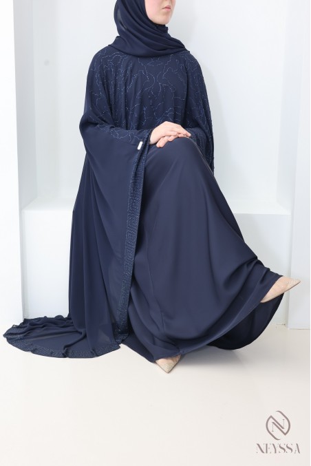 Dubai muslin cape abaya + blue rhinestones for modern hijabi women