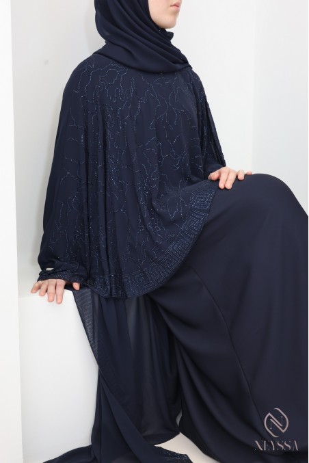 Abaya Dubai Cape aus Chiffon + blaue Strasssteine für moderne Hijabi