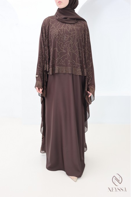 Dubai Abaya Chocolate Rhinestone Chiffon Cape for Women Eid