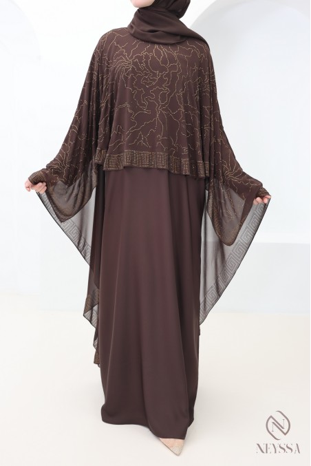 Abaya Dubai Cape aus Chiffon mit Strasssteinen in Schokoladenbraun