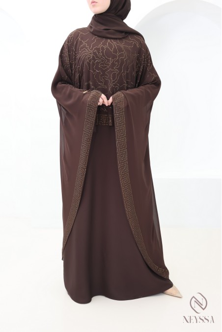 Abaya Dubaï cape en mousseline a strass chocolat femme aïd