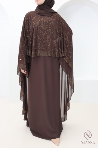 Dubai Abaya Chocolate Rhinestone Chiffon Cape for Women Eid 2