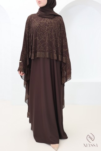 Abaya Dubaï cape en mousseline a strass chocolat femme aïd