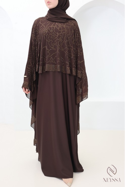 Dubai Abaya Chocolate Rhinestone Chiffon Cape for Women Eid