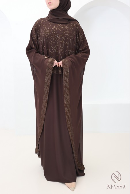 Abaya Dubai Cape aus Chiffon mit Strasssteinen in Schokoladenbraun