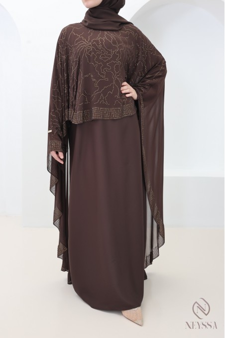 Abaya Dubai Cape aus Chiffon mit Strasssteinen in Schokoladenbraun