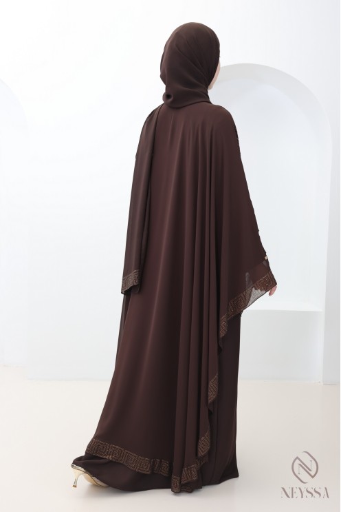 Abaya Dubai Cape aus Chiffon mit Strasssteinen in Schokoladenbraun