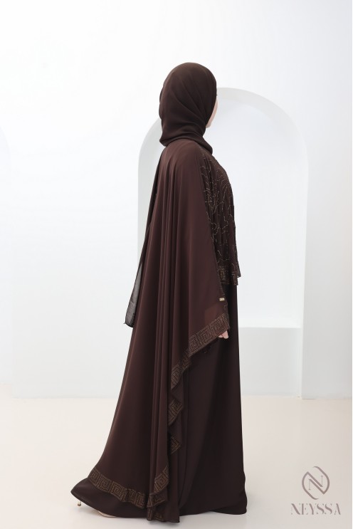 Abaya Dubaï cape en mousseline a strass chocolat femme aïd