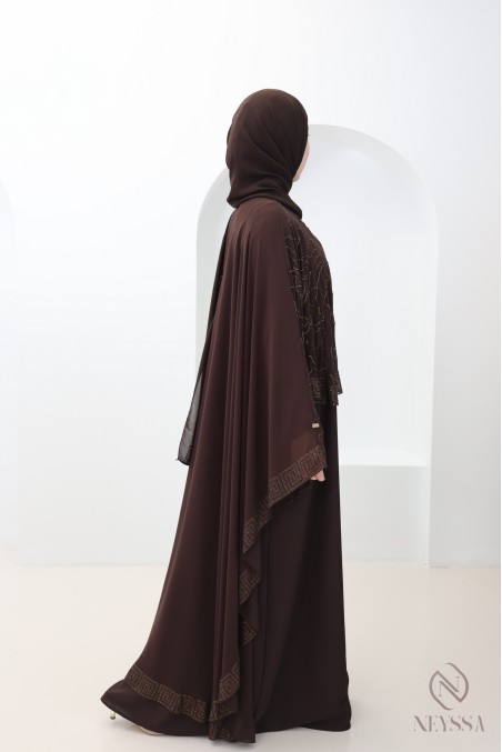 Dubai Abaya Chocolate Rhinestone Chiffon Cape for Women Eid