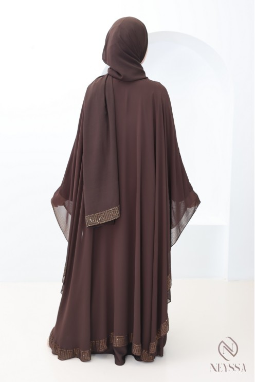 Dubai Abaya Chocolate Rhinestone Chiffon Cape for Women Eid