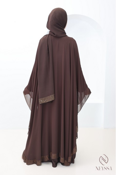 Abaya Dubaï cape en mousseline a strass chocolat femme aïd