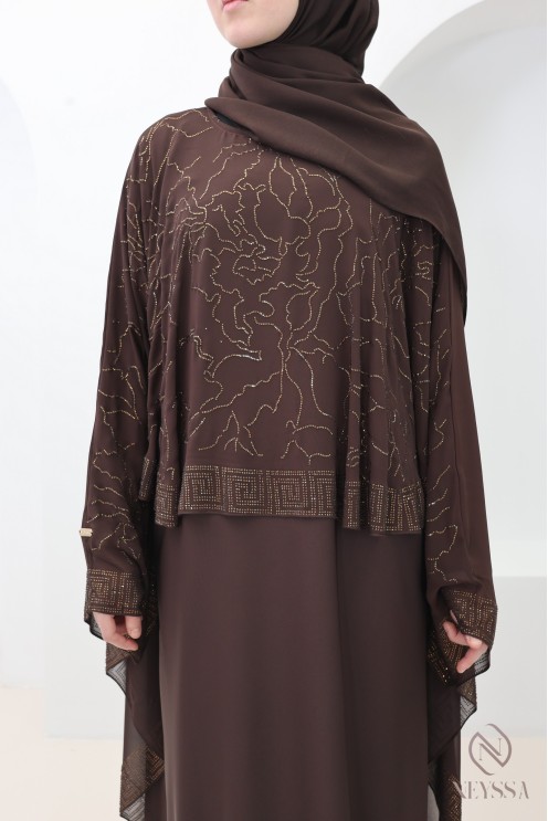 Dubai Abaya Chocolate Rhinestone Chiffon Cape for Women Eid