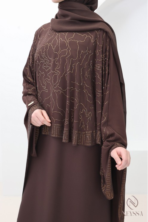 Dubai Abaya Chocolate Rhinestone Chiffon Cape for Women Eid