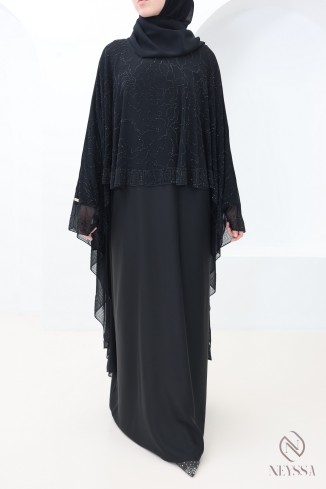 Black Dubai abaya with chiffon cape and rhinestones for women Eid 2