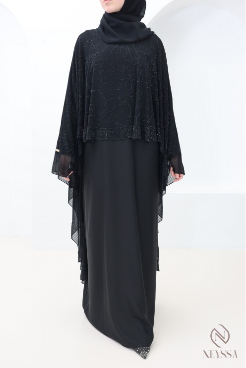 Schwarze Abaya Dubai mit Chiffon-Umhang und Strasssteinen