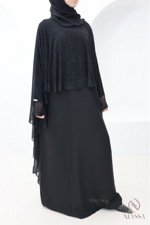 Abaya Dubaï noir avec cape en mousseline a strass femme voilée Aïd