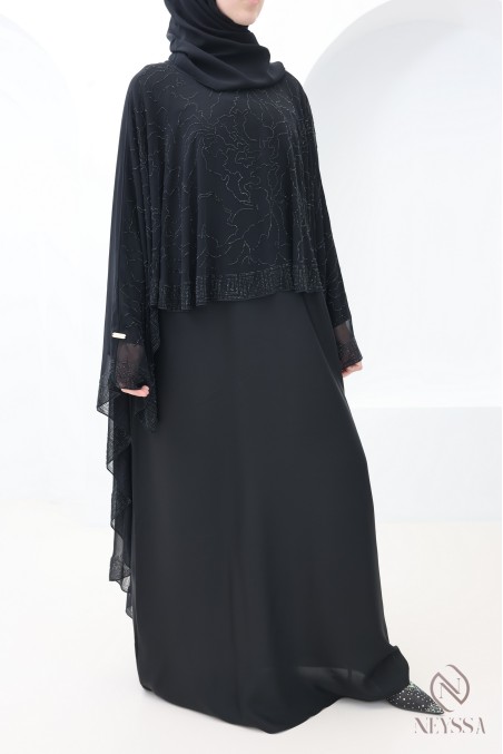 Abaya Dubaï noir avec cape en mousseline a strass femme voilée Aïd