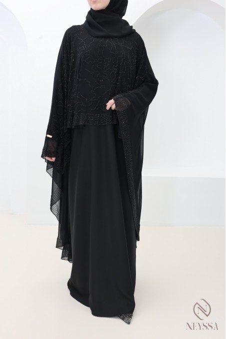 Abaya Dubaï noir avec cape en mousseline a strass femme voilée Aïd